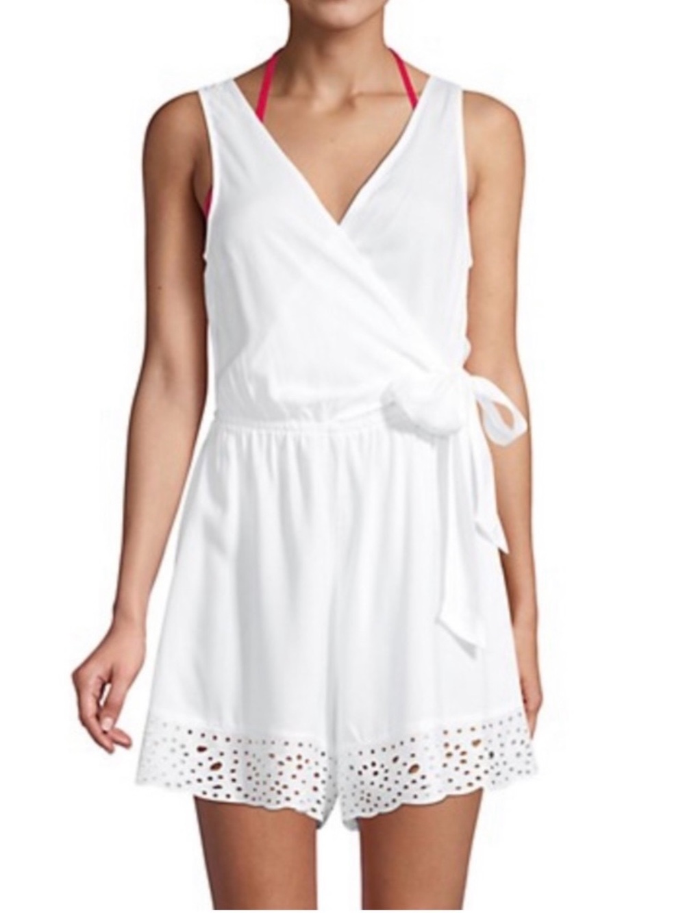 NWT La Blanca White Eyelet Trim Surplice Romper Cover Up Large Resort Beachwear
